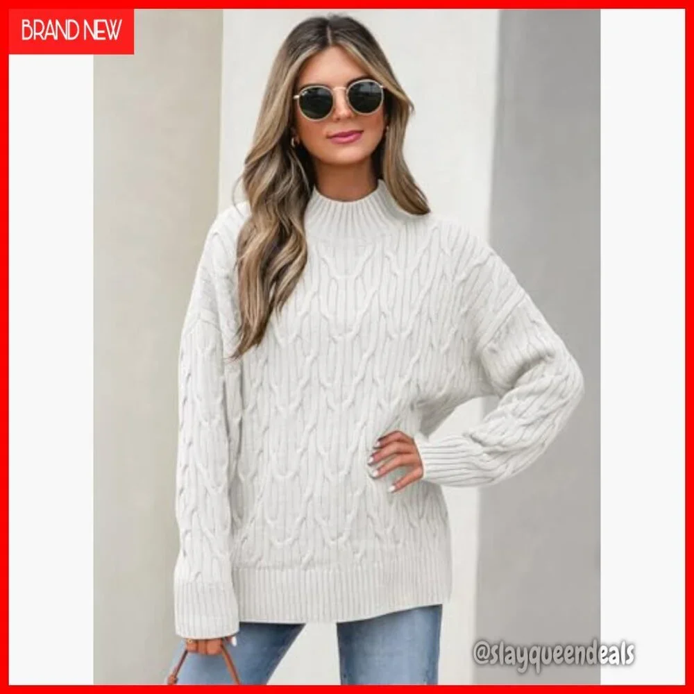 Oversized Cable Knit Mock Turtle Neck Sweater Tunic Pullover